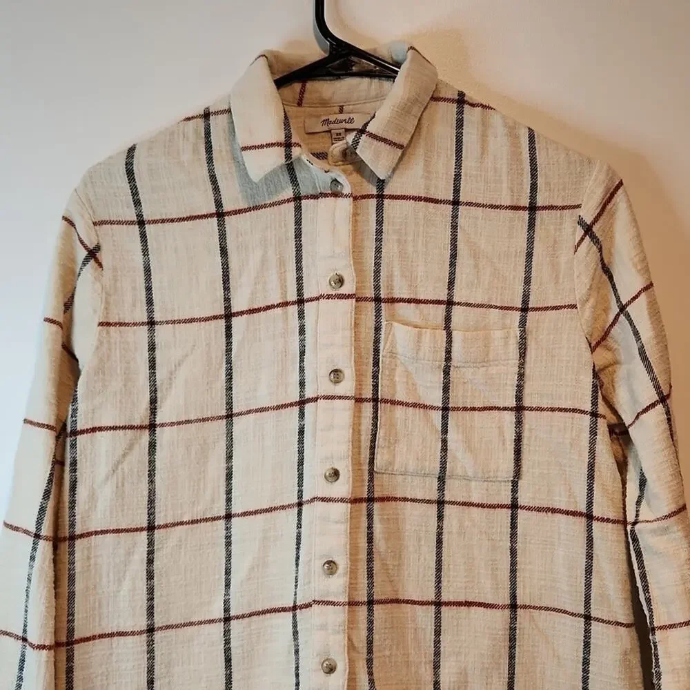 Madewell Flannel Oversized Ex Boyfriend Shirt Plaid Women's Sz XS Cream EUC NICE - Picture 4 of 12